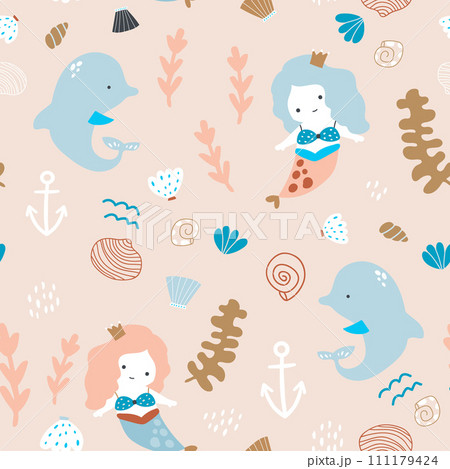 Seamless pattern with cute little little mermaids. 111179424