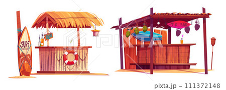 Beach tiki bar and standing surfboard. 111372148