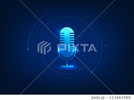 Microphone technology background, microphone inside high tech circle Concept of a device that receives sound and converts it into an electrical signal. to record or amplify sound 111662988