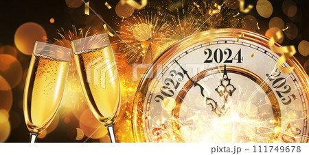 New Year 2024 with gold vintage clock, champagne, confetti and fireworks, concept. New Year's Eve, creative idea 111749678