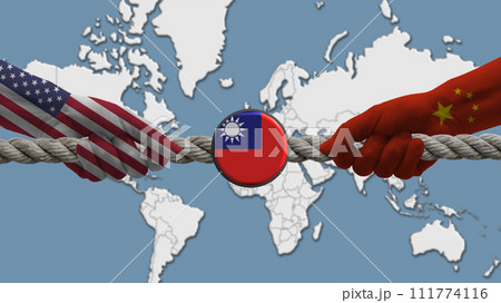 The USA and China are stretching the rope too far with Taiwan, in the background, the blurred map of the world 111774116