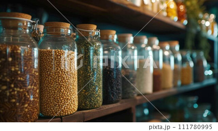 shelves with glass jars filled with groceries. concept of zero waste home and lifestyle 111780995