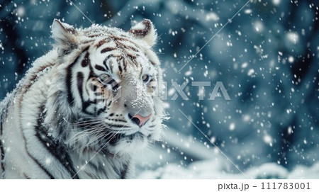 Tiger in wild winter nature, running in the snow. Action wildlife scene with dangerous animal. Cold winter snow Mountain 111783001