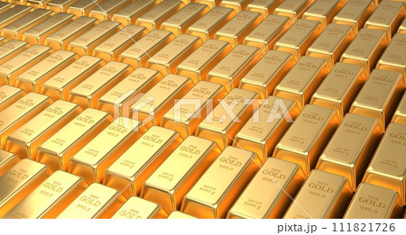 Gold bars. Stacked gold bars. Stack of one kilogram gold bars. Gold bars in bank vault. 3D rendering 111821726