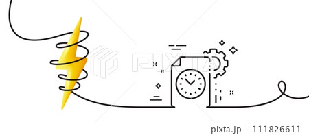 Project deadline line icon. Continuous one line with curl. Time management sign. File with gear symbol. Project deadline single outline ribbon. Loop curve with energy. Vector 111826611