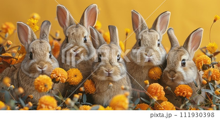 AI-generated content. art Little Easter bunny and Easter eggs on grass. 111930398