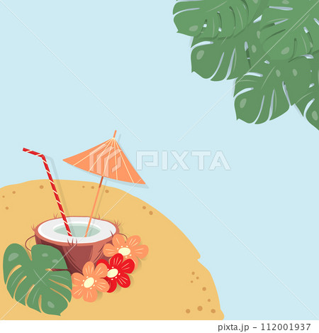 Summer design concept with cocktail in half coconut with straw, parasol and flowers on sandy beach 112001937