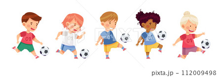 Happy Kids Play Football Enjoy Team Sport Game Vector Set 112009498