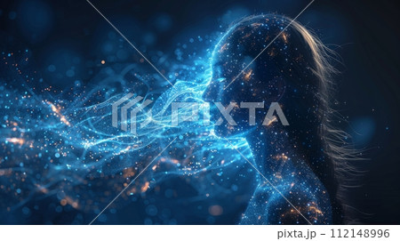 Futuristic Human AI connecting in Blue Data Rivers Navigating Digital Big Data. 112148996