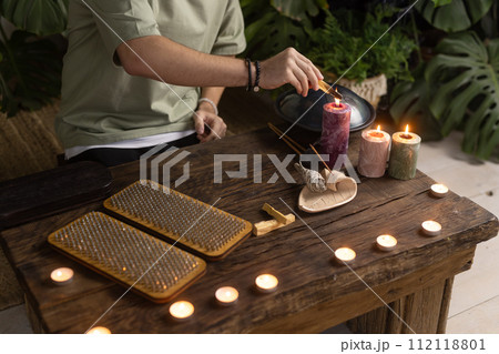 concept of yoga and meditation with aroma sticks and candles 112118801