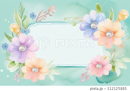 Vibrant watercolor colorful frame of festive party balloons, flowers, bow. Beautiful floral botanical design. Horizontal herbal banner on white background. Wedding invitation, Birthday, business 112125885