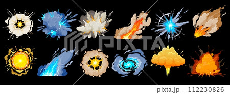 Cartoon bomb explosions, smoke and boom blast clouds, vector icons. Atomic bomb mushroom explode or TNT dynamite explosion with fire burn, firework boom flash or pop puff and burst rays of explosives 112230826