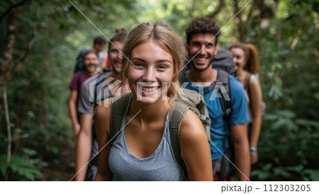 Group of friends hiking in forest - Group of young people having fun outdoors 112303205