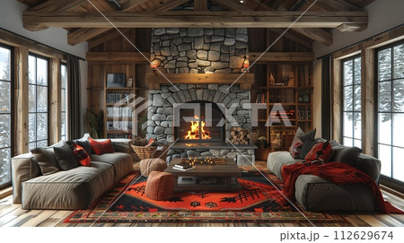 AI-generated content. Cozy ski lodge living room with a stone fireplace and comfortable seating8K 112629674