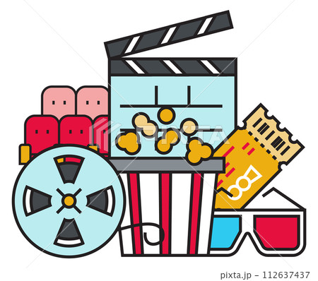 Cinema concept. Color movie theater. Entertainment icons 112637437