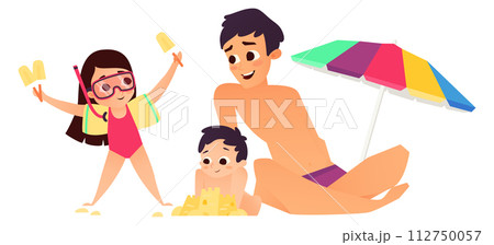 Happy dad and kids on beach. Summer family rest 112750057