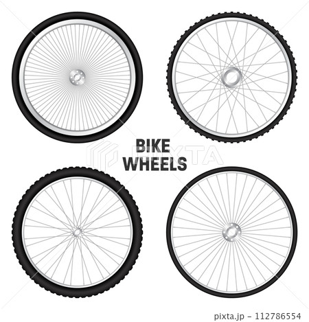 Realistic 3d bicycle wheels. Bike rubber tyres, shiny metal spokes and rims. Fitness cycle, touring, sport, road and mountain bike. Vector illustration 112786554