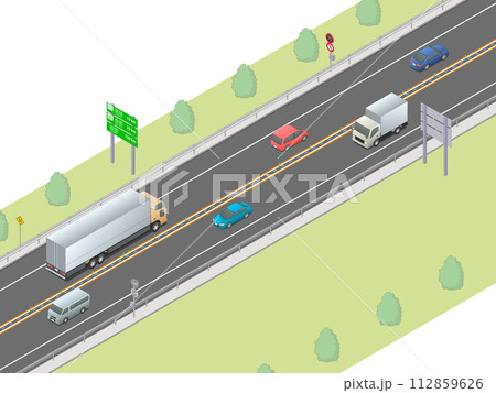 アイソメトリック図法で描いたセンターポールで分離された対面通行の高速道路イメージ（無地） 112859626