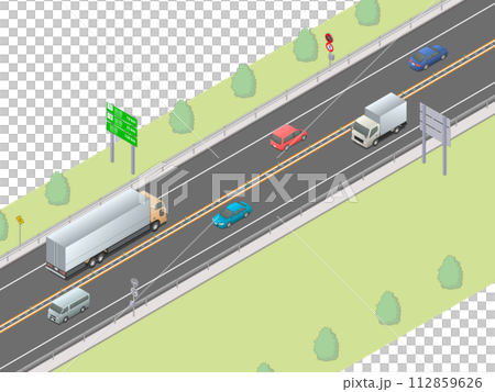 アイソメトリック図法で描いたセンターポールで分離された対面通行の高速道路イメージ（無地） 112859626