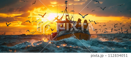 AI-generated content. Fishermen at sea amidst a flock of seagulls during a vibrant sunset 112834051