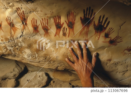 cave painting, the hand of an indigenous person touches an ancient stone with many palms depicted on it 113067696