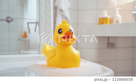 Baby bath. Child care. yellow rubber duck on the shelf in the bathroom 113069859