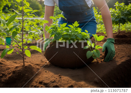 A girl or a female gardener plants or takes care of plants, sprouts and trees in her garden or in an industrial field with her hands. Sunny day outside 113071787