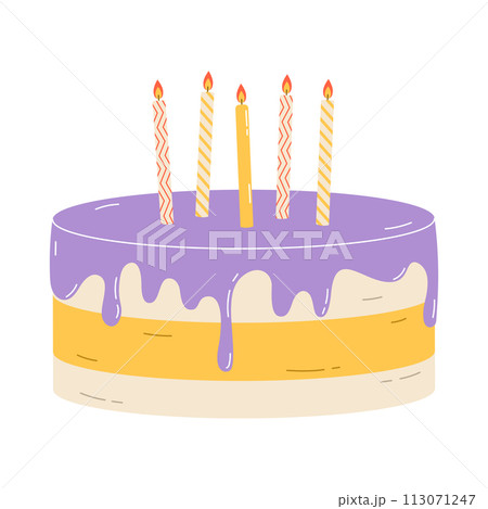 Birthday cake with candles. Flat vector illustration isolated on white background 113071247