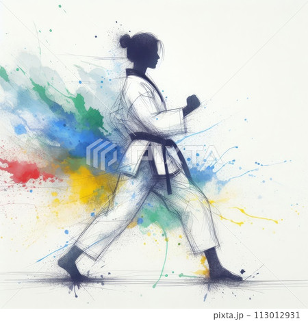 Taekwondo in watercolor splash paint illustration with Generative AI. 113012931