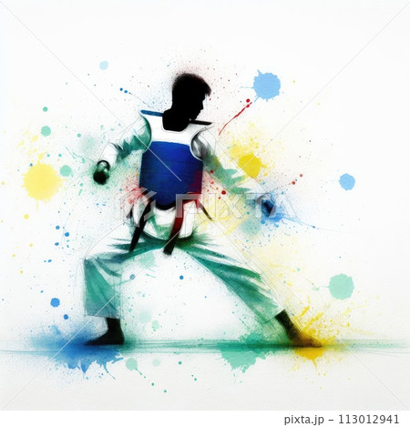 Taekwondo in watercolor splash paint illustration with Generative AI. 113012941