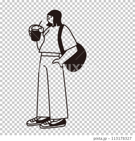 Drink, takeaway, woman, full body, line drawing, vector 113178327