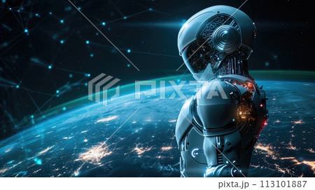 A robot AI, powered by artificial intelligence, in harmony with the Earth, symbolizing technology for the planet, Ai Generated 113101887