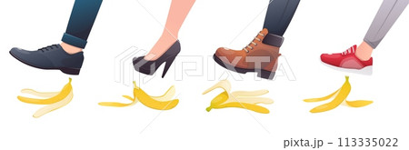 Feet step on banana peel. People slip up on fruit peelings. Organic garbage. Boots and shoes slipping on husks. Misstep accident. Falling man and woman. Traumatic situations vector set 113335022