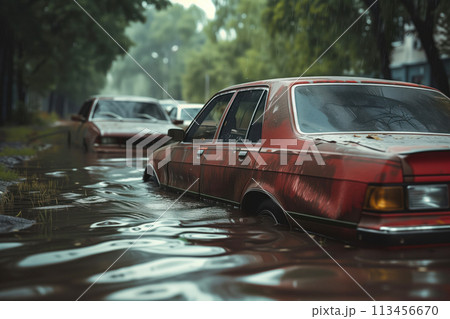 Following heavy rains, line of cars is partially submerged in water AI Generative 113456670