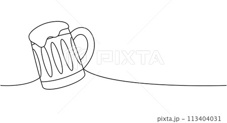 Beer mug one line continuous drawing. Beer pub products continuous one line illustration. Vector linear illustration. 113404031