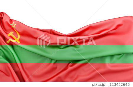 Flag of Transnistria isolated on white background with copy space above. 3D rendering 113432646