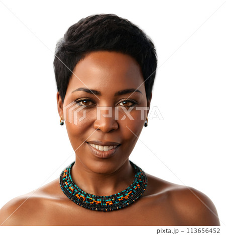 Middle aged African woman with short hair and tribal necklace plain face winking eyes breathing. Essence of diverse femininity. 113656452