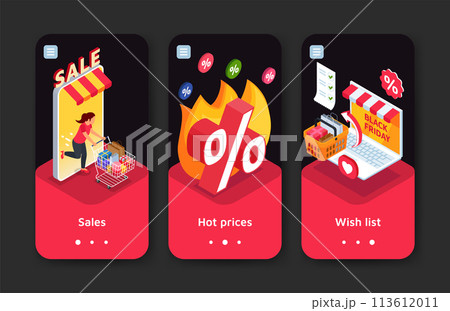 Isometric Black Friday app design template pack 113612011