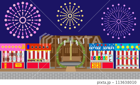 夏越大祓と夏祭りの屋台が並んだ背景のイラスト 113638010