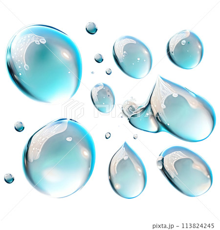 Abstract drop water paint strokes and ink drops in aqua watercolor on transparent background. 113824245