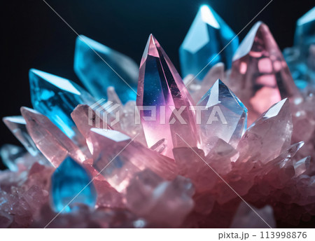 Beautiful pink and blue crystals on black background 113998876