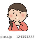 顎に手を当てて考える困り顔の女の人 124353222