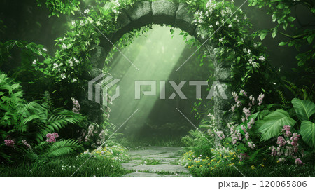 Mystical stone archway in lush green forest with sun rays and wildflowers, AI Generative 120065806