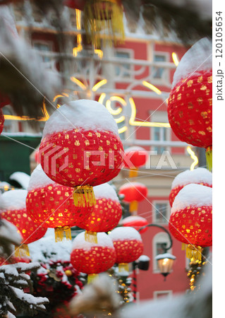 Chinese New Year. Red Chinese lanterns on the street. It's deserted. 120105654