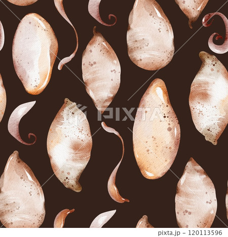 Watercolor Seamless potato Pattern with peel, batat. Hand drawn vegetable illustration ornament. Backdrop design food for wrapping paper or textile design. Wallpaper with vegan plants. 120113596