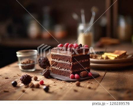 tasty homemade chocolate cake on table. Generative AI 120289576