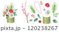 竹をベースにしたお正月飾りのアレンジメントセット。松竹梅、紅白の椿、ナンテン、などの水彩イラスト 120238267