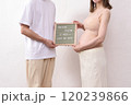 レターボードを持って若い妊婦と寄り添う夫 120239866