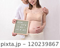 レターボードを持って若い妊婦と寄り添う夫 120239867