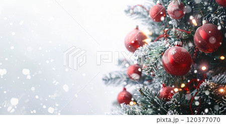 Christmas with a beautifully decorated tree adorned with red baubles and twinkling lights. Snow gently falls in the background, creating a festive and cozy atmosphere in stunning 120377070